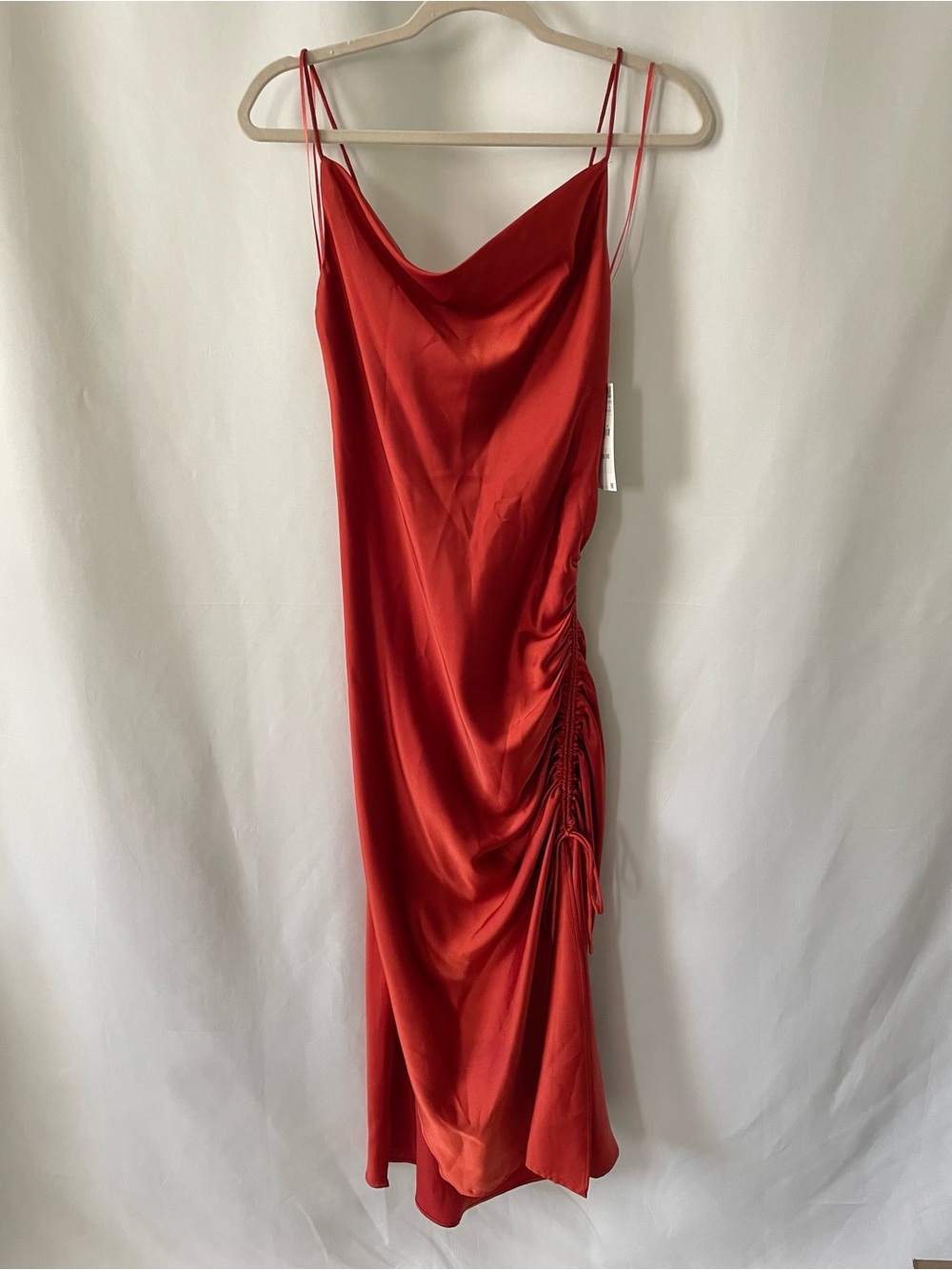 Zara Rust Colored Satin Cowl Midi Dress with Side Ruched Detail